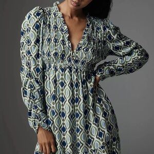 Anthropologie Blue and Green Patterned Mini Dress